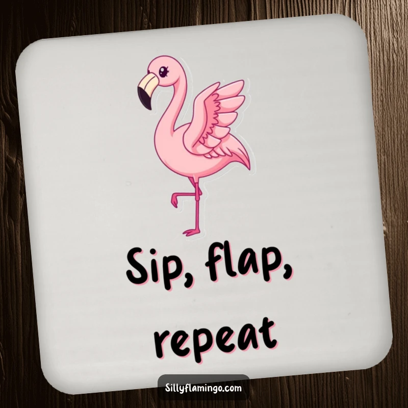 Funny Kawaii Flamingo Coasters showing a pleased bird gracefully flapping, adding humorous protection to drink surfaces.