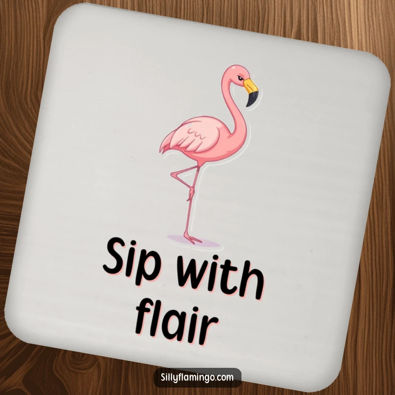 Funny flamingo coaster featuring a cheerful flamingo balancing on one leg, adding humor to drink placement.