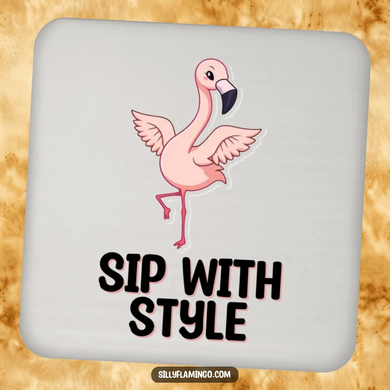 Funny drink coaster with a kawaii flamingo winking and flapping its wings energetically, protecting furniture with tropical charm.