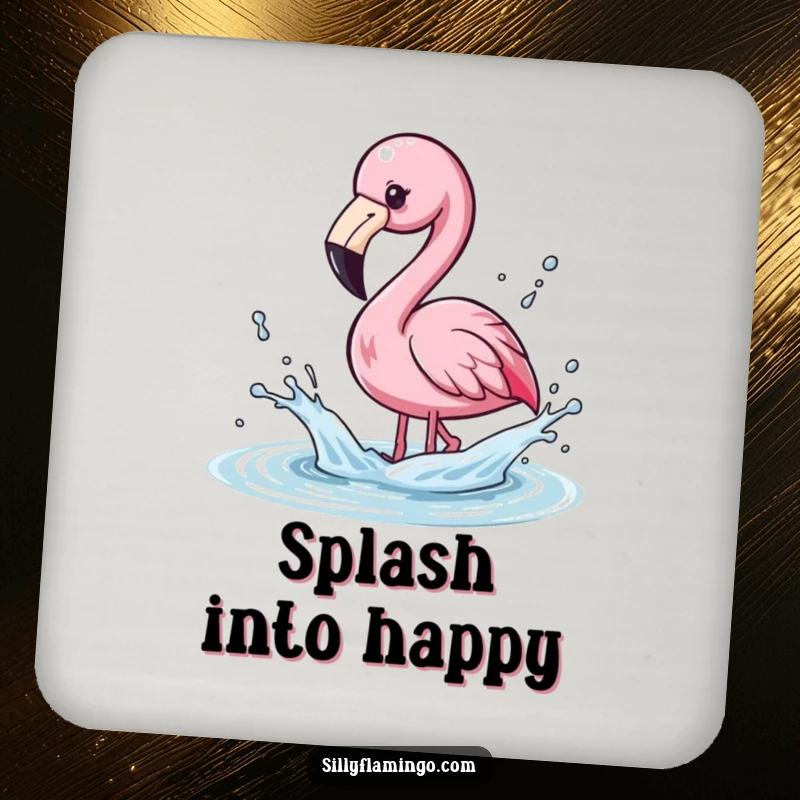 Funny Drink Coaster depicting a kawaii flamingo playfully splashing water with its beak, sending droplets flying.