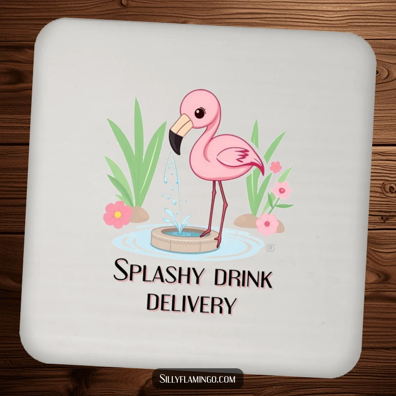 Funny Drink Coaster featuring a flamingo playfully spraying water from its beak, creating a mini-fountain for a fun touch.