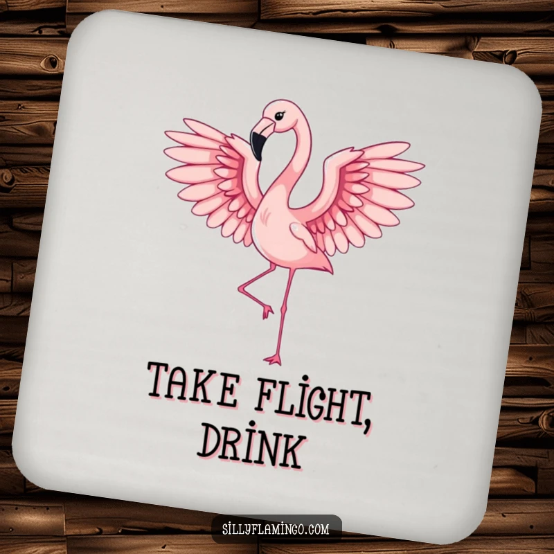 Funny flamingo with elegant wings in mid-flap, on a stylish and humorous coaster for surface protection