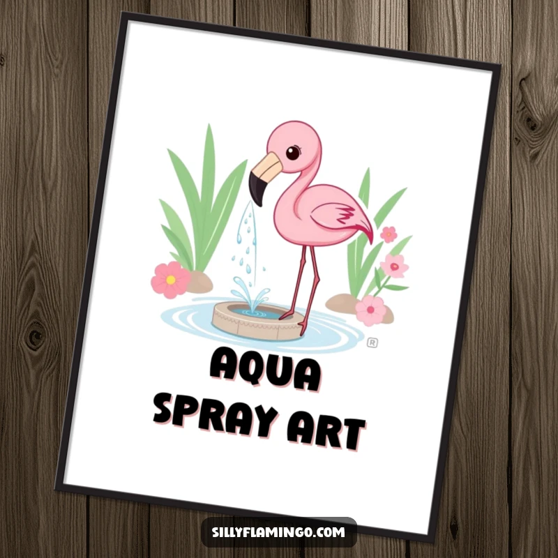 Funny Poster of a flamingo playfully spraying water from its beak, forming a charming mini-fountain.