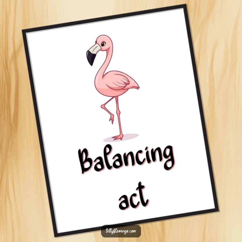 Funny poster art of a happy flamingo with a wide grin, gracefully balancing on one leg, exuding joy and poise.
