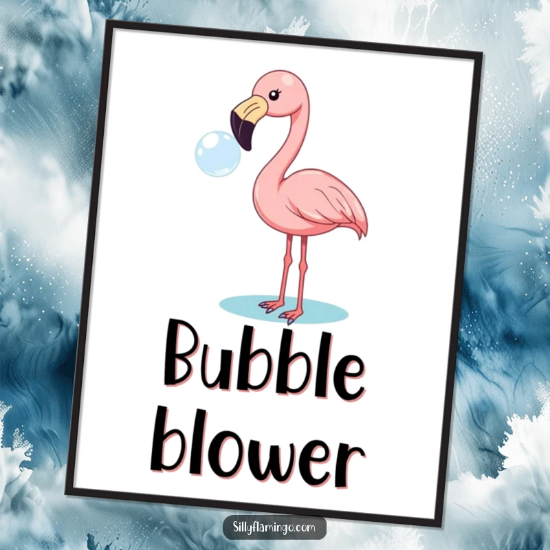 Funny flamingo poster art showing a delighted bird blowing a perfect iridescent bubble with its beak, full of charm.