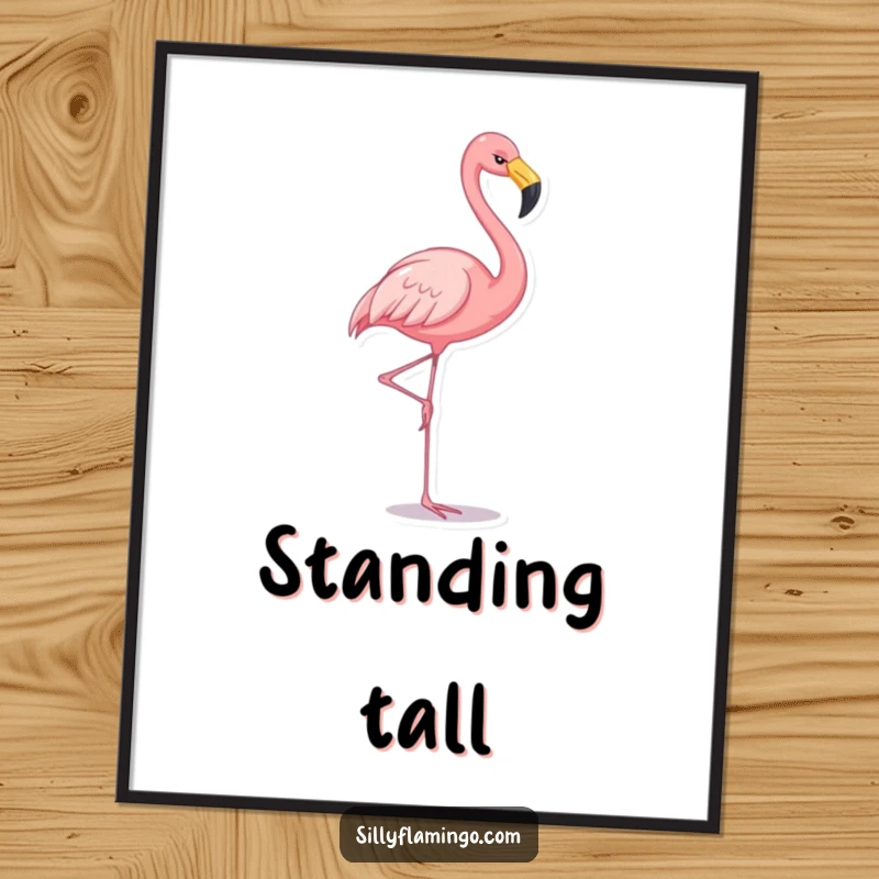 Funny flamingo poster showing a cheerful flamingo balancing on one leg, ideal for vibrant and humorous wall decor.