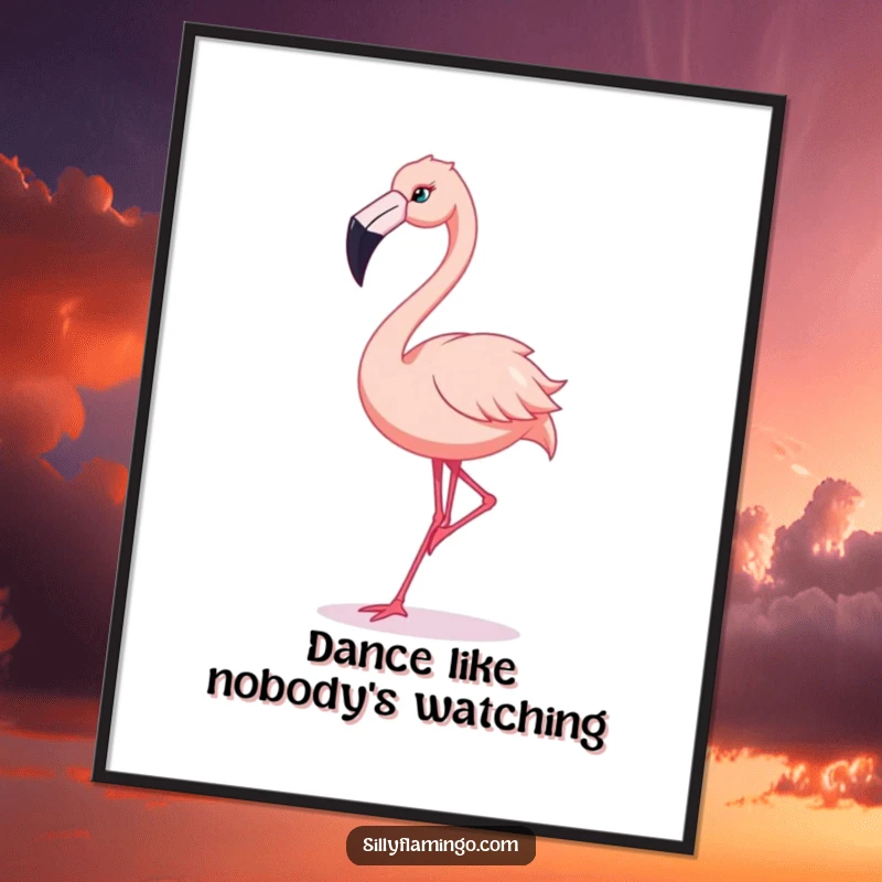Funny Flamingo Poster: Artwork captures a flamingo performing a hilariously exaggerated dance with a prominent beak.