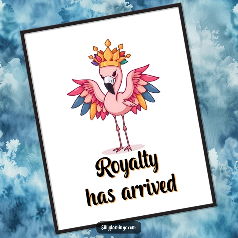 Funny Flamingo Poster: A determined flamingo hilariously balances a large, elaborate feather crown, exuding funny, regal charm.