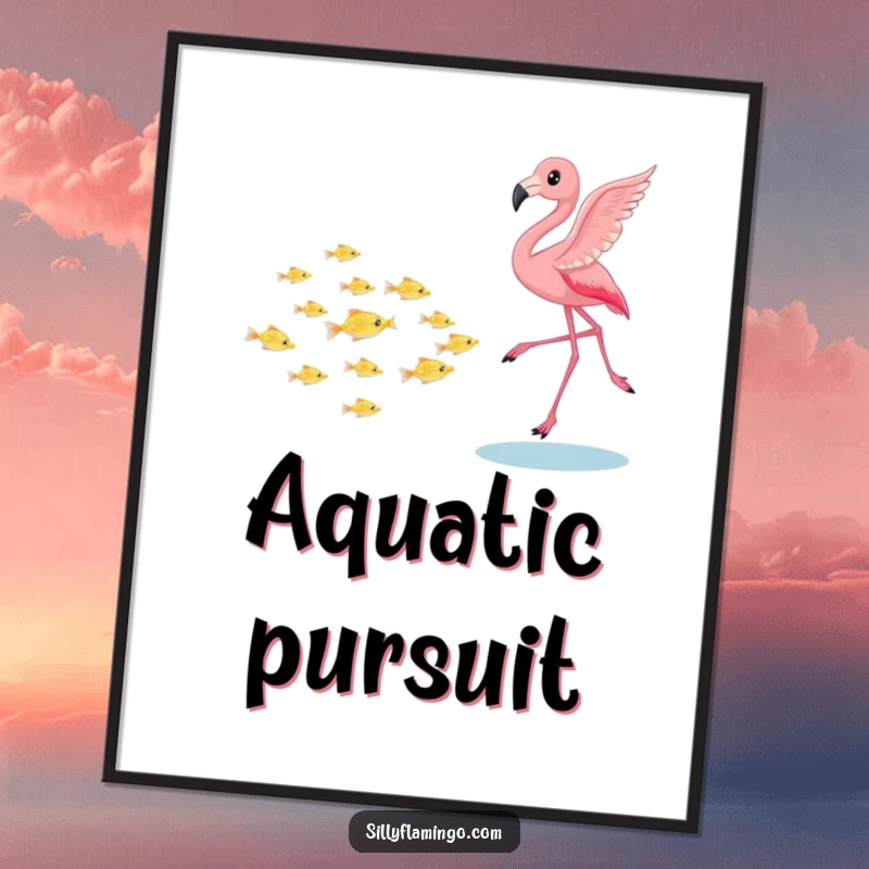 Funny flamingo fish chase poster, depicting a flamingo actively pursuing tiny shimmering fish, adding whimsical aquatic art for any room, a perfect gift.