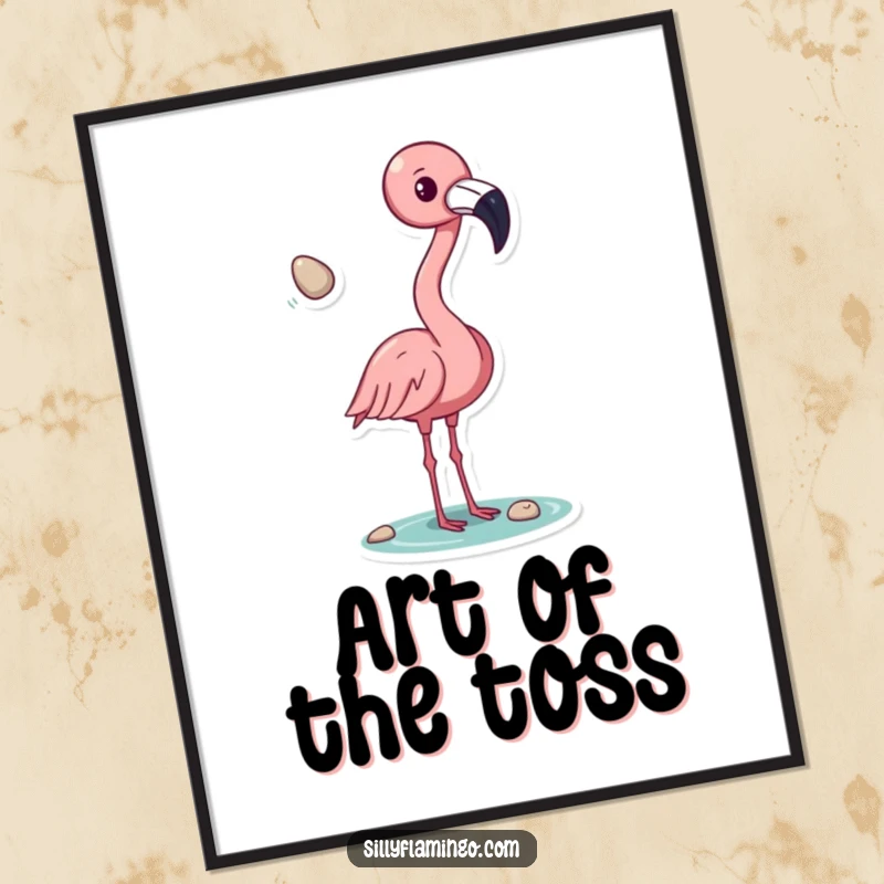 Funny flamingo pebble toss poster, depicting a flamingo playfully tossing a shiny pebble with its beak, adding whimsical art for any room, a perfect gift.
