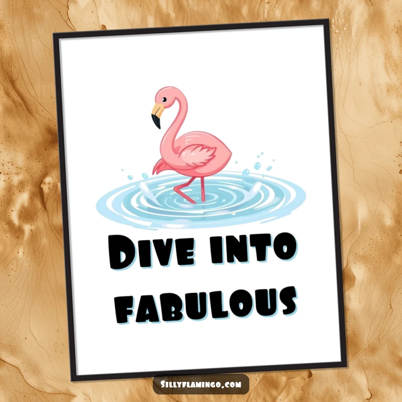 Funny flamingo poster capturing a bird mid-splash in a pool, vibrant and humorous wall art that brings a playful vibe.