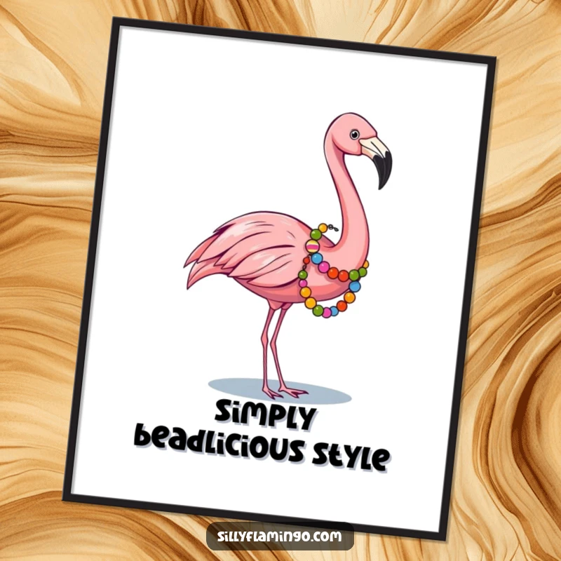 Funny poster art of a flamingo adorned with a colorful bead garland, adding a festive and humorous touch to any room.