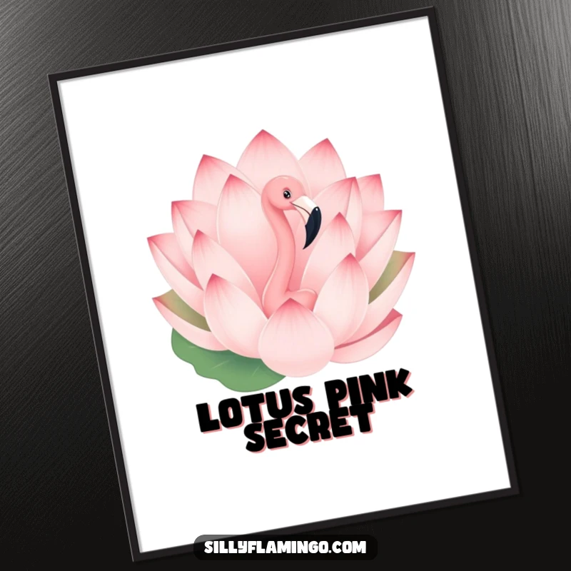 Funny poster art of a playful flamingo peeking from behind a large lotus flower, creating a sense of curiosity and charm.
