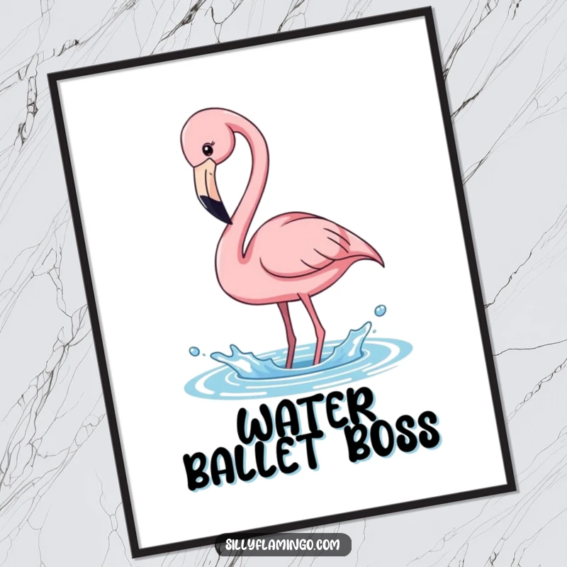 Funny pink flamingo poster, long neck bent, playfully splashing water, conveying joy and tropical energy, humorous wall art.