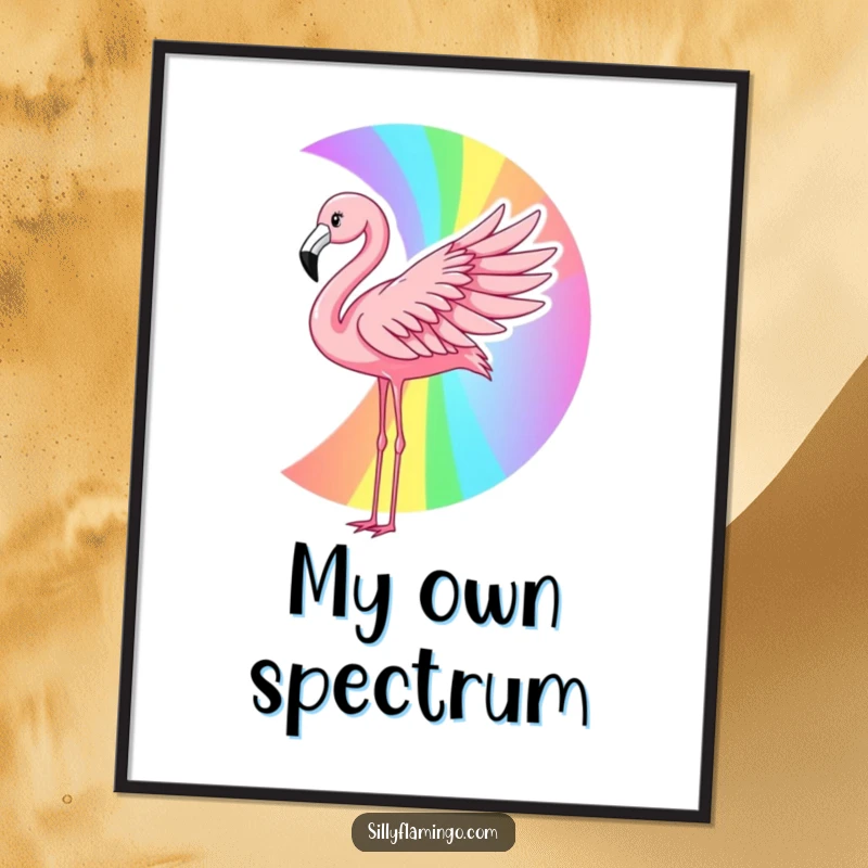Funny flamingo rainbow poster showing a pink bird creating a vibrant rainbow with its wing, perfect for colorful and humorous wall art.