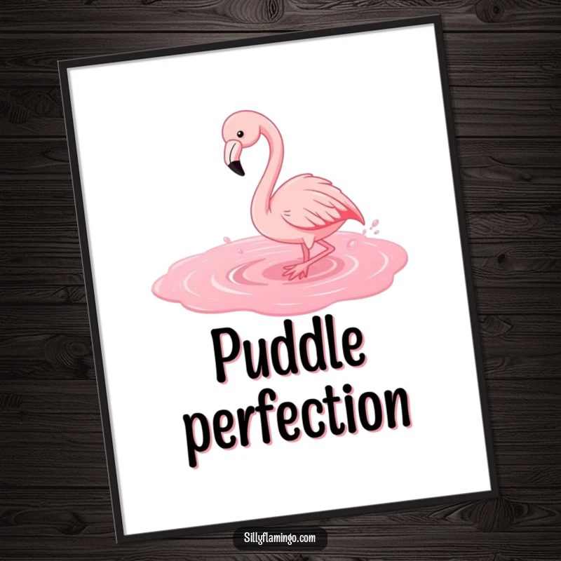 Funny flamingo poster art of a bird joyfully splashing in a pink puddle, capturing movement and cheerful abandon.