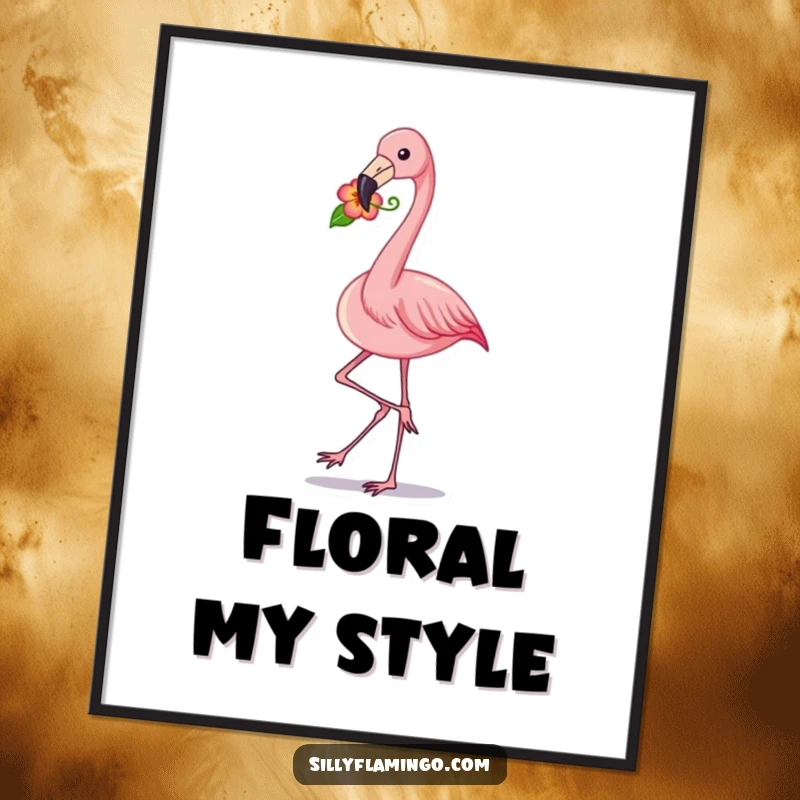 Funny flamingo strut poster showing a pink bird with a flower in its beak, exuding elegance and humor for stylish wall art.