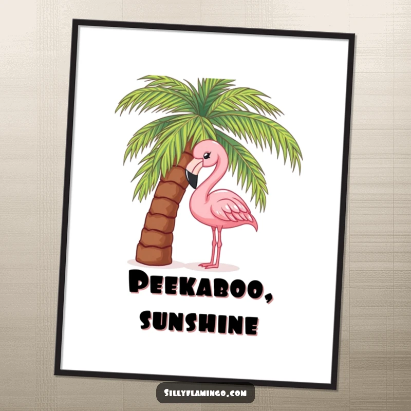 Funny art poster of a pink flamingo curiously peeking from behind a palm tree, bringing tropical charm and playful humor to decor.