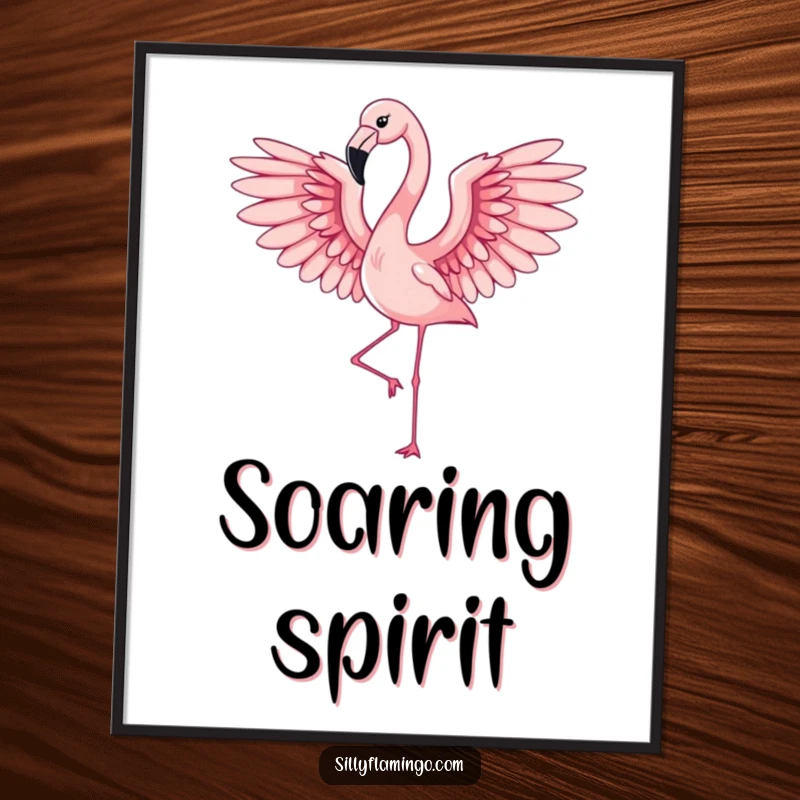 Funny flamingo mid-flap with elegant wings spread, creating a beautiful and humorous art print for walls