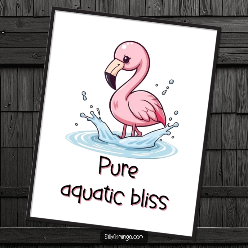 Funny Poster of a kawaii flamingo playfully splashing water with its beak, sending droplets flying.