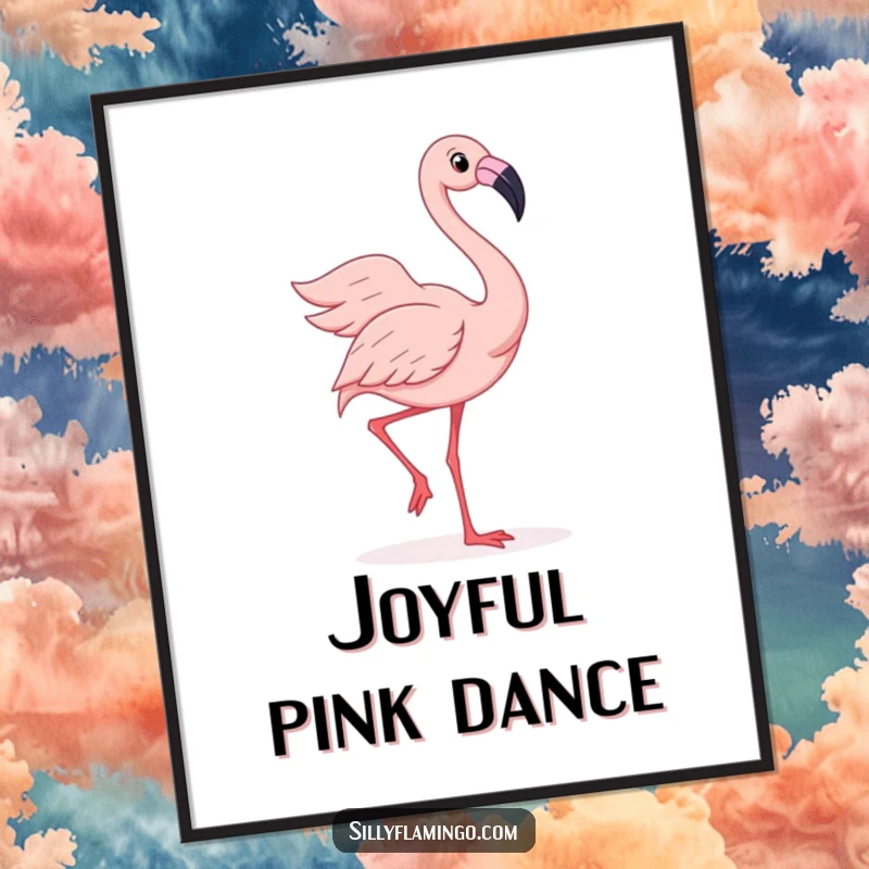 Funny poster art of a joyful flamingo doing a silly wiggle dance with its feathers fanned out, radiating pure happiness.