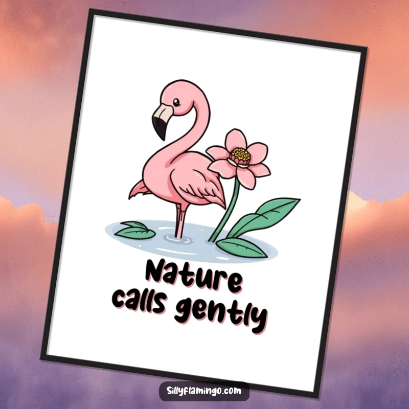 Funny flamingo gently nudging a floating flower with its beak, displayed as a charming poster.