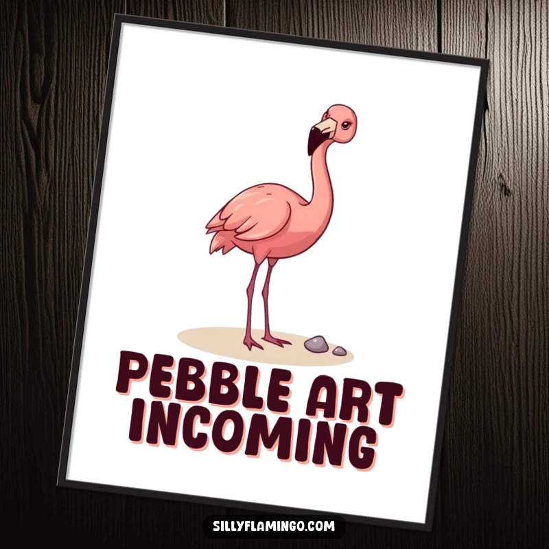 Funny Flamingo Poster: A happy flamingo playfully tossing a pebble with its beak, creating a humorous and uplifting piece of wall art for any room.
