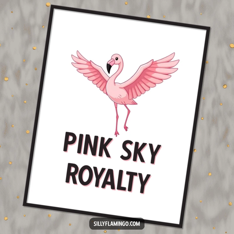 Funny Flamingo Poster: A proud flamingo with outstretched wings soaring gracefully against a bright pink sky, creating a cheerful and artistic statement.
