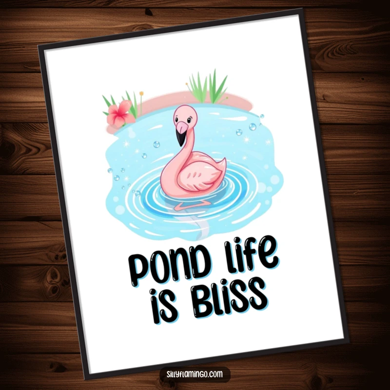 Funny flamingo poster showing a pink bird happily splashing in a sparkling blue pond, capturing a moment of pure avian bliss.