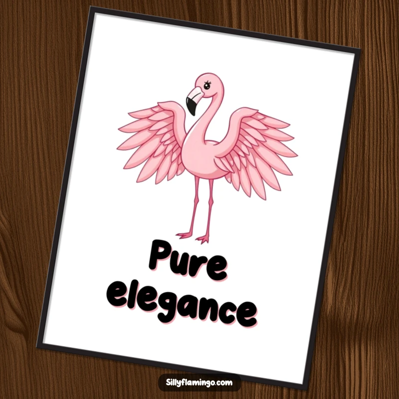 Funny flamingo poster art of an elegant bird in a graceful pose with its wings fully extended, a visual delight.