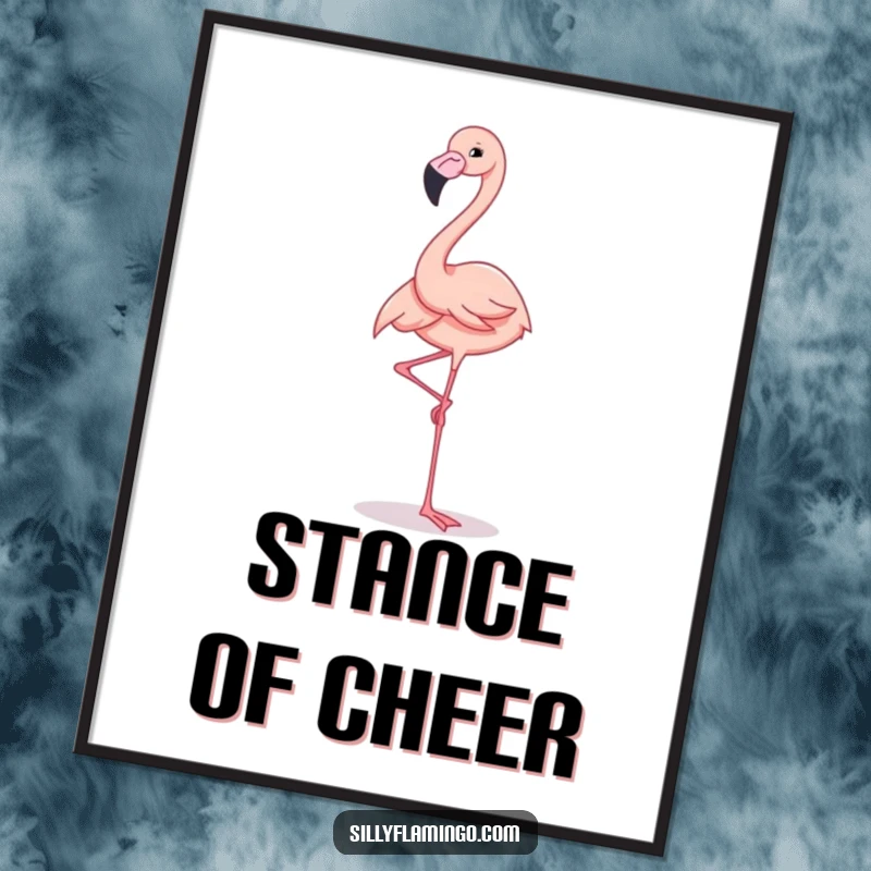 Funny Poster of a flamingo gracefully balancing on one leg, radiating a cheerful and serene expression.