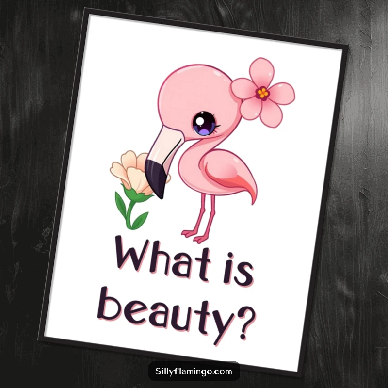 Funny Poster of a kawaii flamingo with bright eyes, curiously tilting its head at a flower.