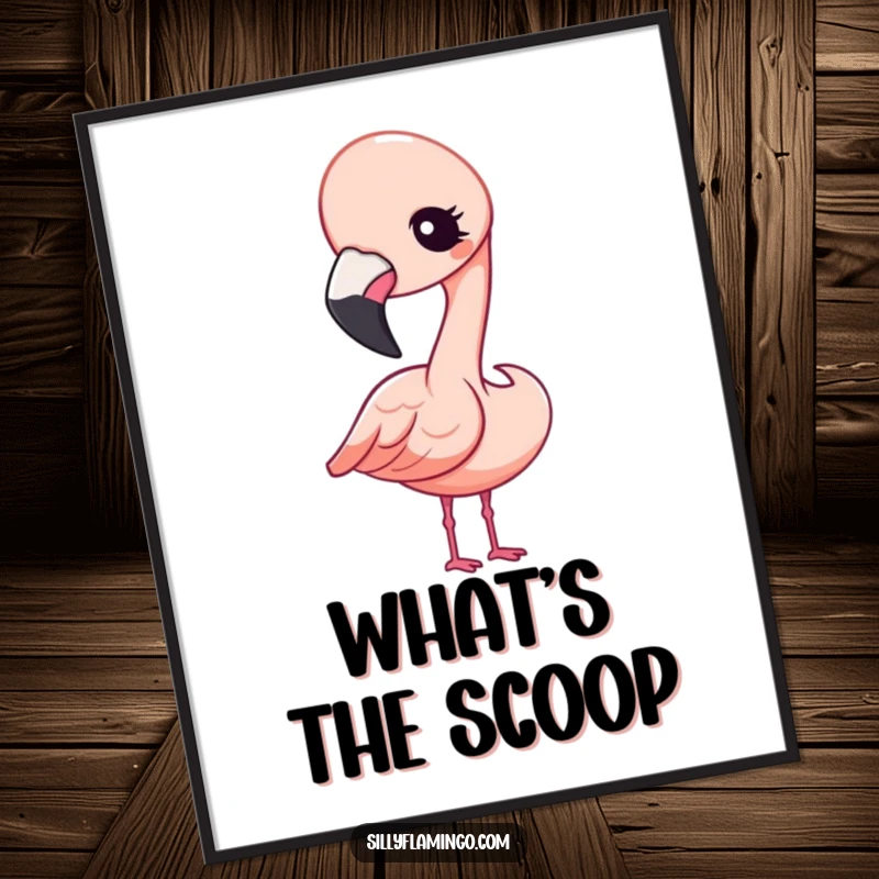 Funny Poster of a cute Kawaii flamingo tilting its head and giving a curious, friendly wink, perfect for adding charm.