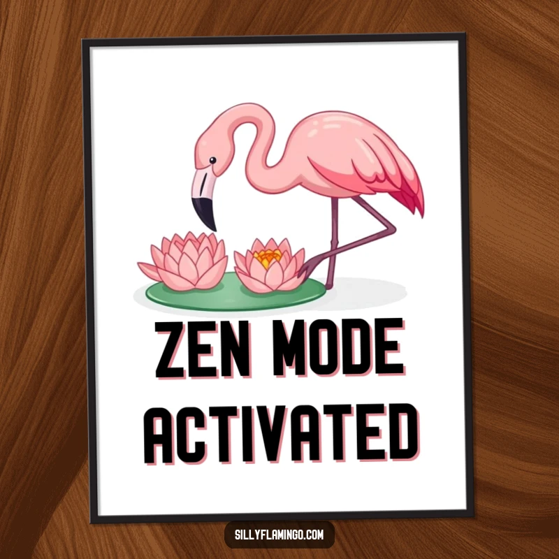 Funny flamingo happily pecking a water lily, creating a peaceful and humorous art print for any room