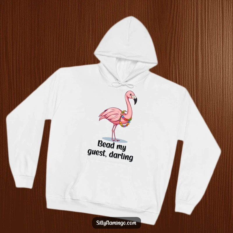 Funny hoodie with a fabulous flamingo wearing a colorful bead garland, offering cozy style and festive vibes.