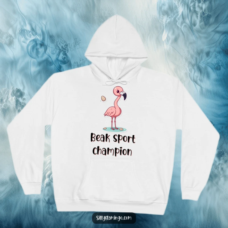 Funny flamingo hoodie, tossing a shiny pebble with its beak, showing off quirky bird antics in a warm and comfortable style, a great gift.