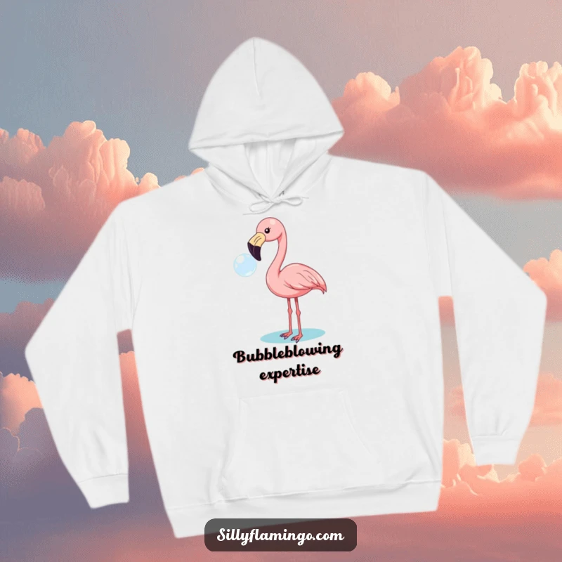 Funny flamingo hoodie showing a happy bird blowing a big bubble from its beak, radiating warmth and good vibes.