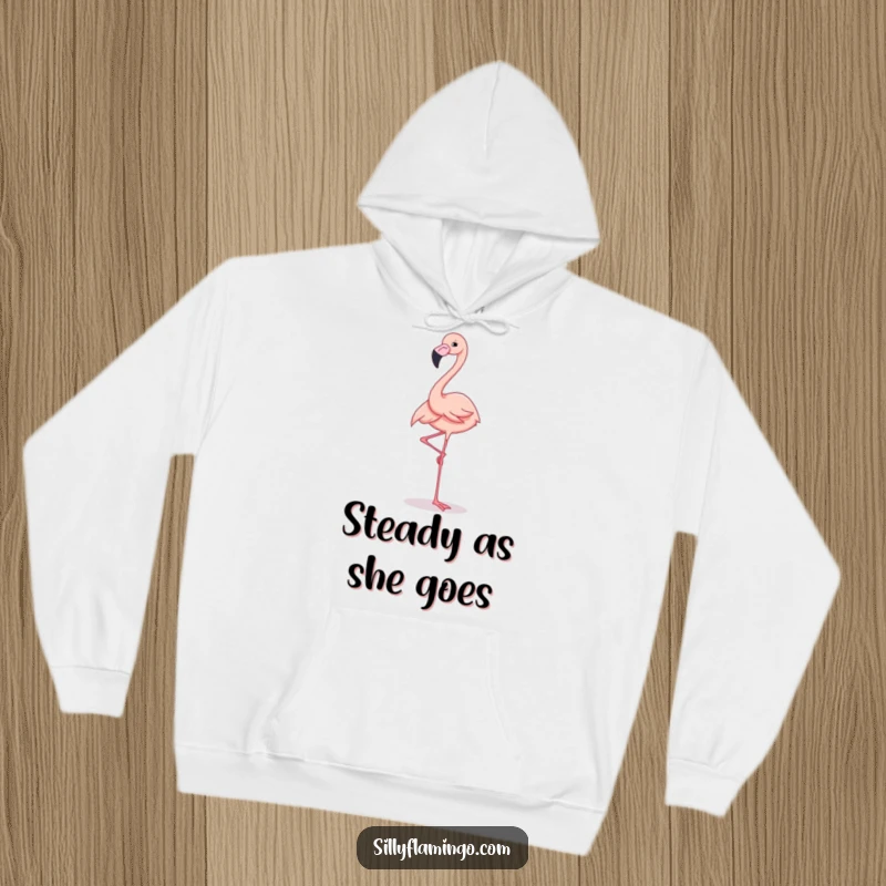 Funny Hoodie featuring a flamingo perfectly balanced on one leg, showcasing a cheerful and poised expression.