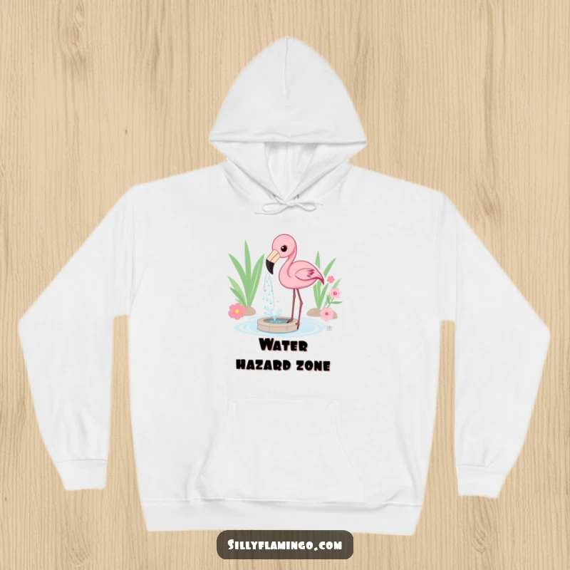 Funny Hoodie featuring a flamingo playfully creating a mini-fountain by spraying water from its beak.