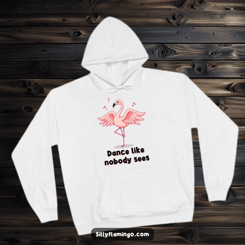 Funny flamingo hoodie featuring a pink bird in mid-dance, feathers flowing, designed for those who love music and humor.