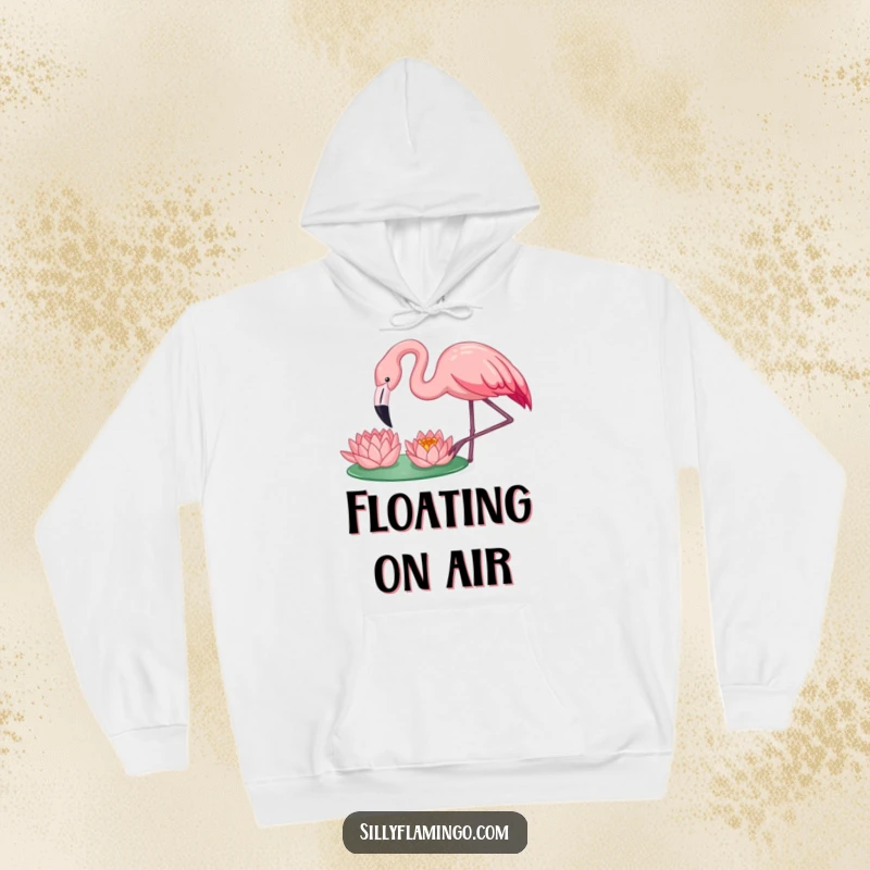 Funny happy flamingo pecking a water lily, depicted on a cozy and humorous hoodie for nature enthusiasts