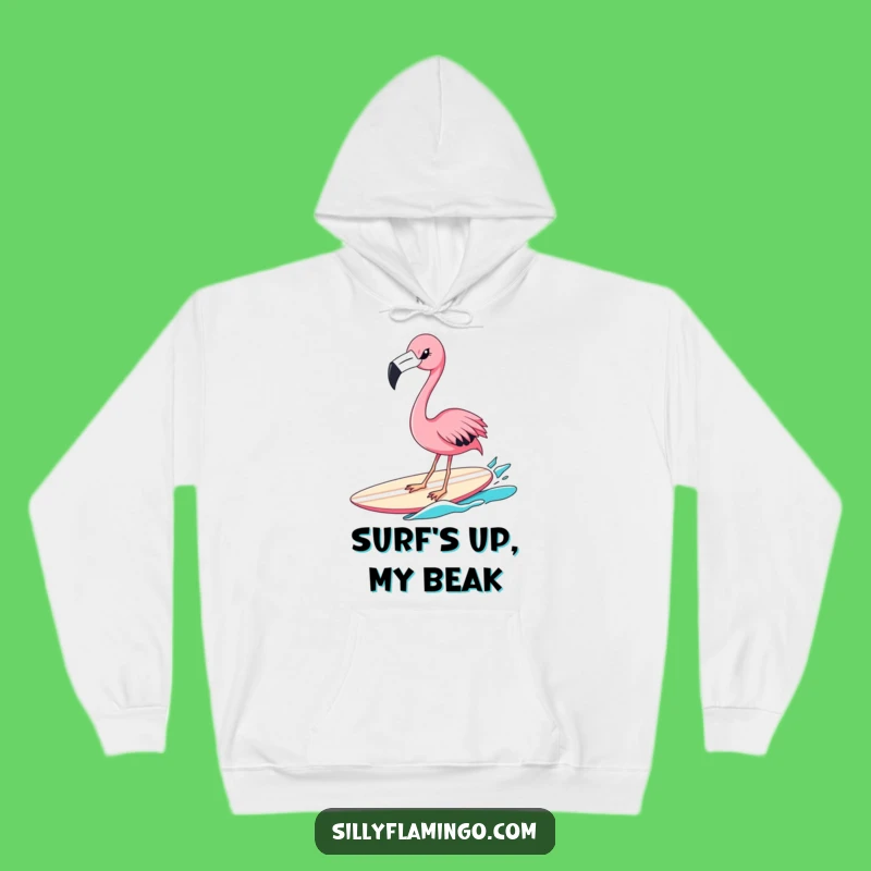 Funny Flamingo Surfer Hoodie: Cozy Winking Bird on Surfboard, Perfect Warm Gift