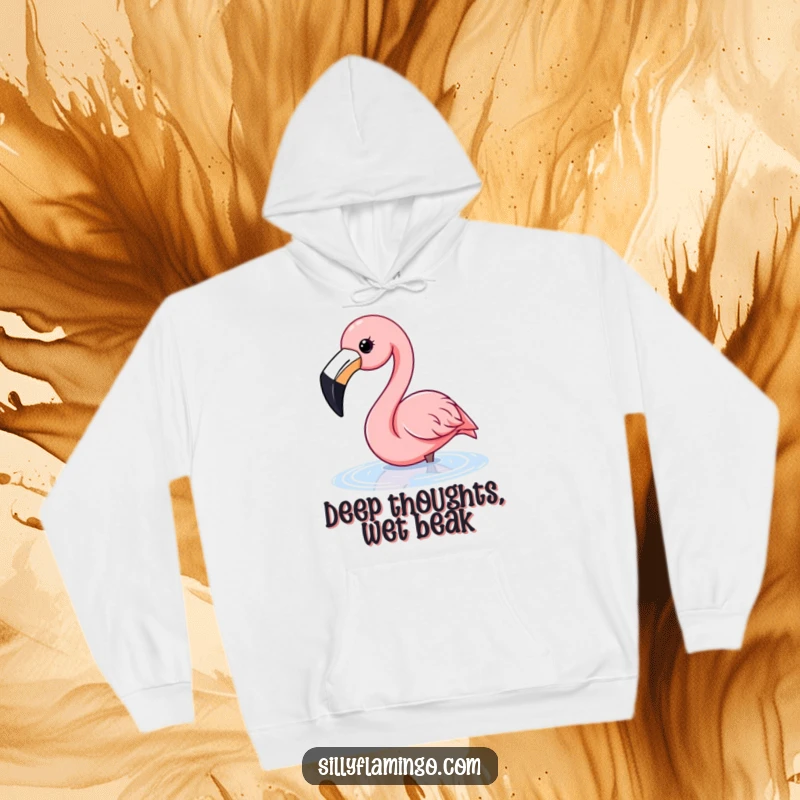 Funny flamingo hoodie showing a happy flamingo with a wide beak dipping its head into water, looking refreshed.