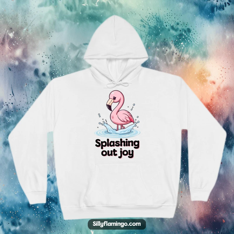 Funny Hoodie of a kawaii flamingo playfully splashing water with its beak, sending droplets flying.