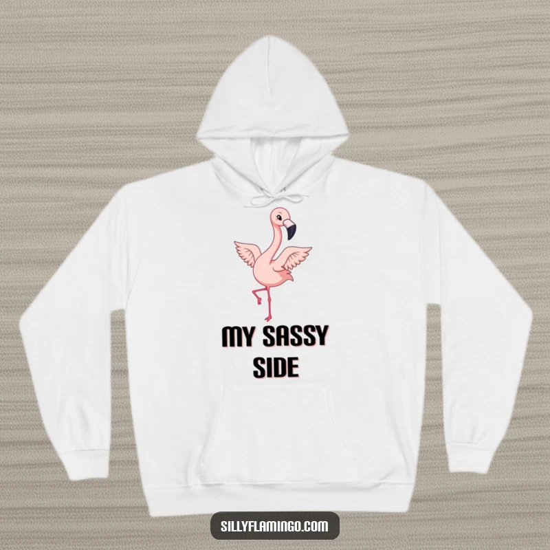 Funny hoodie with a kawaii flamingo winking and flapping its wings energetically, perfect for staying warm and spreading cheer.