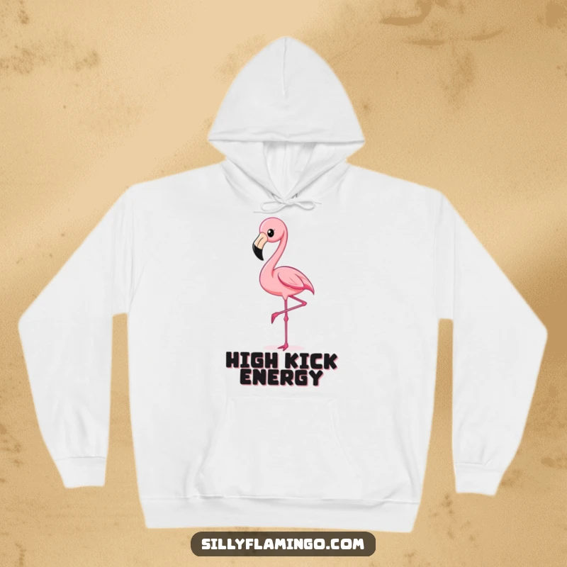 Funny Flamingo Kick Hoodie showcasing a vibrant flamingo mid-kick, perfect for cozying up with a dose of tropical fun.