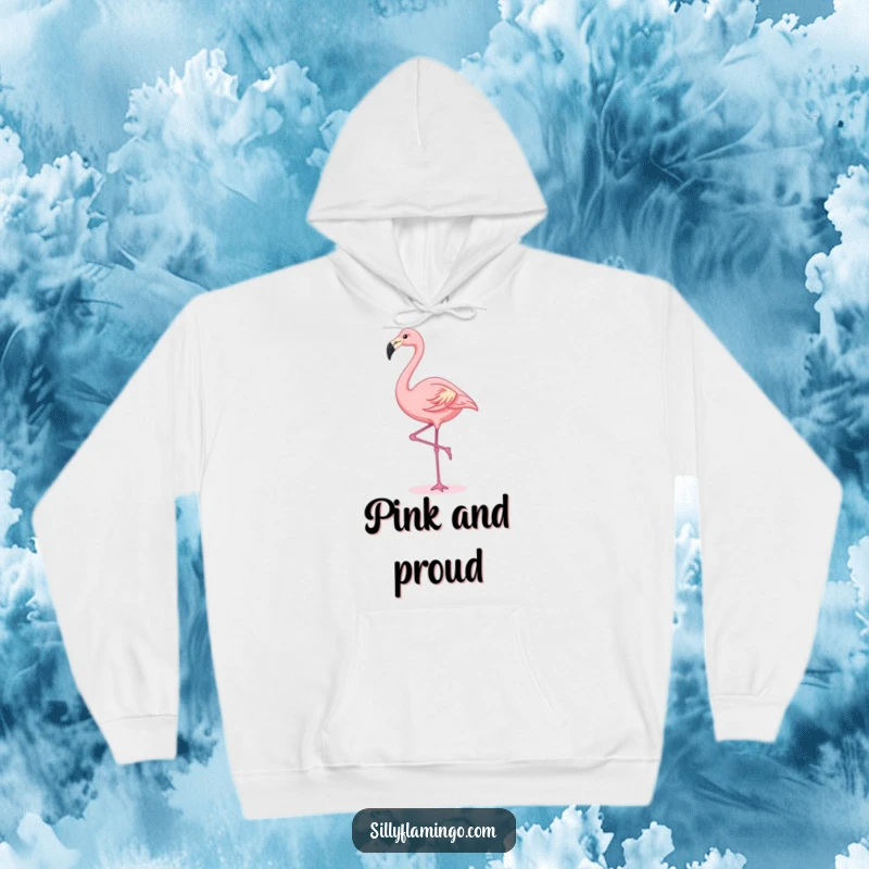 Funny kawaii flamingo in a graceful stretch, offering cozy comfort and cuteness on a warm hoodie