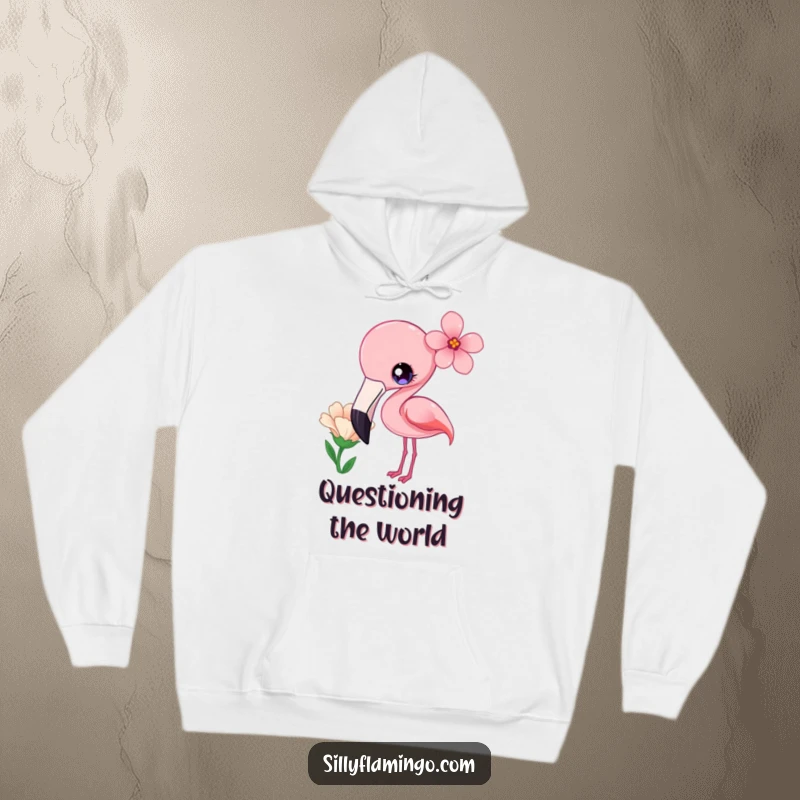 Funny Hoodie of a kawaii flamingo with bright eyes, curiously tilting its head at a flower.