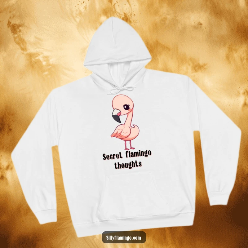 Funny Hoodie featuring a delightful Kawaii flamingo character with its head tilted, offering a whimsical and curious wink.
