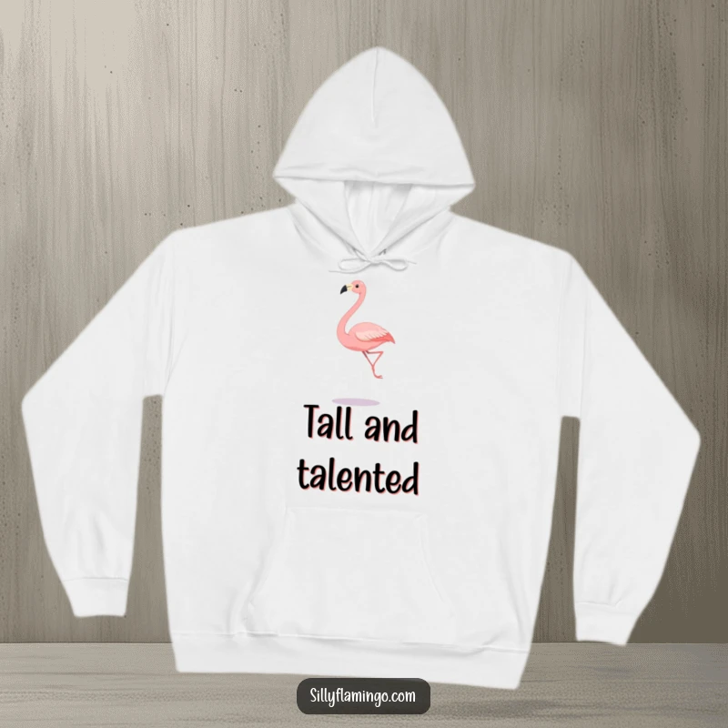 Funny hoodie depicting a pink flamingo with exceptionally long legs in a dynamic, graceful leaping pose.